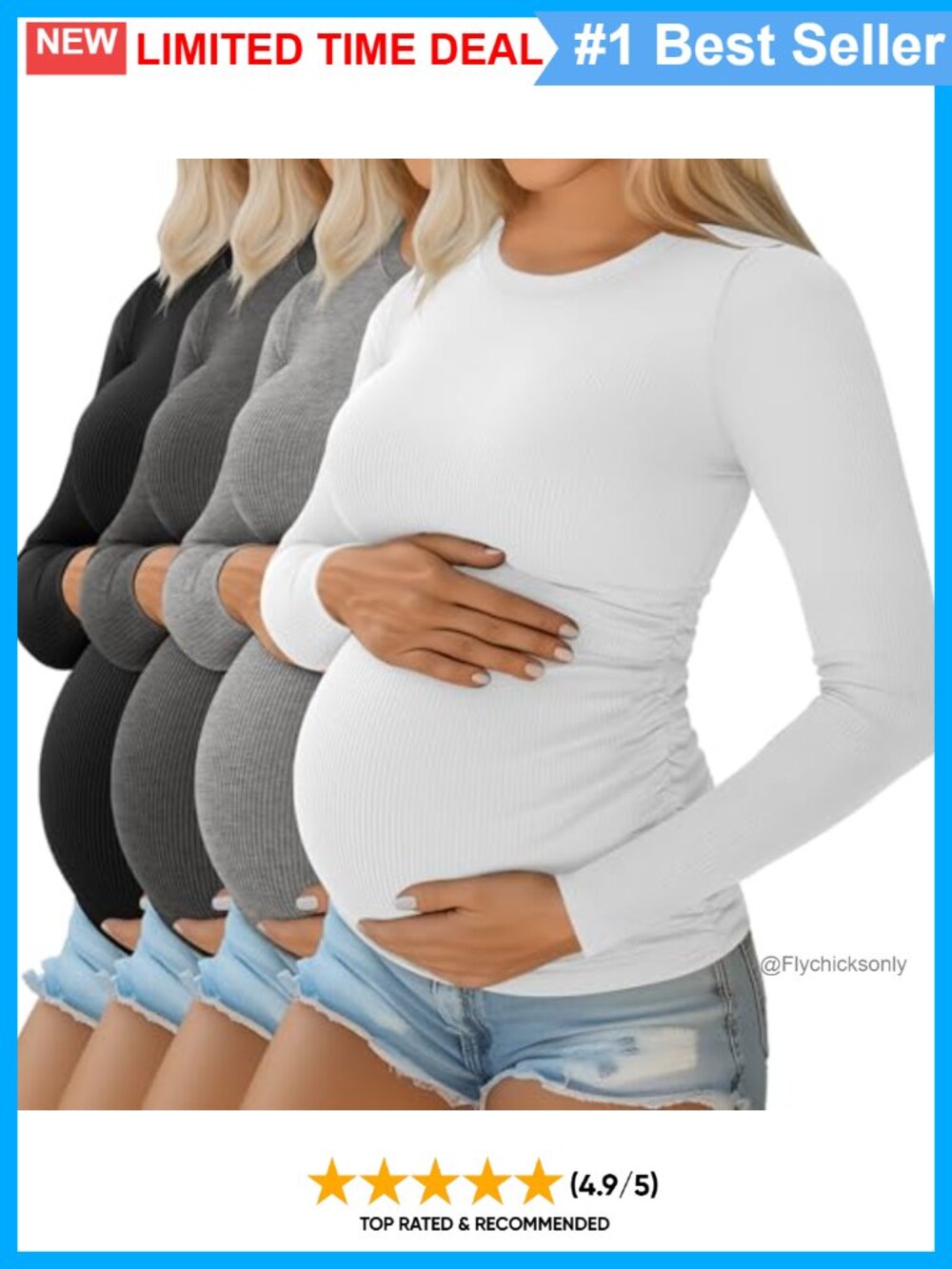 Maternity Shirts 4 Pack Long Sleeve Ribbed Knit Cotton Blend Tees